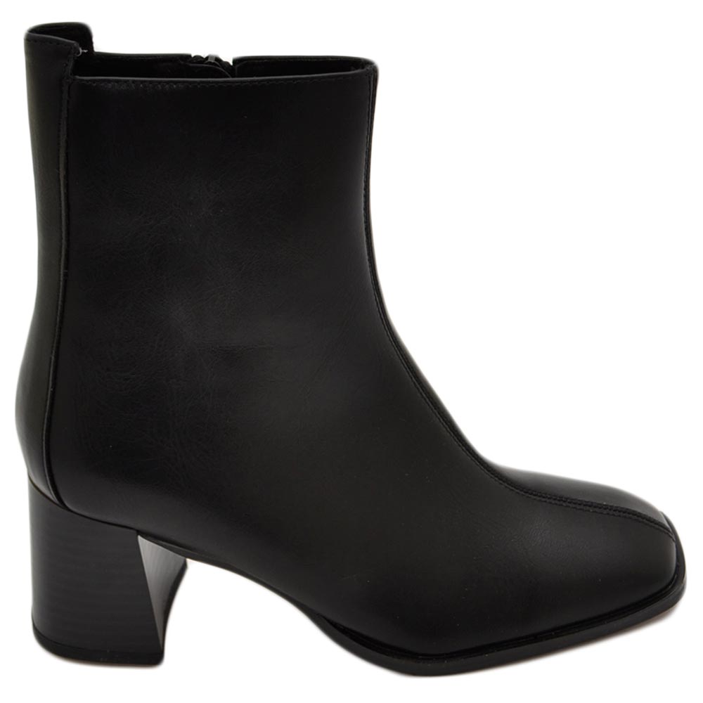 Scarpe stivaletto donna Tronchetto in ecopelle nero punta quadrata alla caviglia  tacco largo comodo 5 cm zip