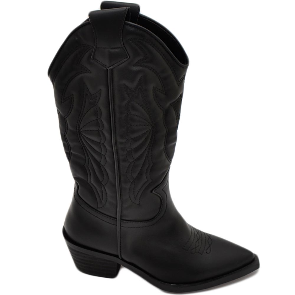 Stivali donna camperos texani stile western nero fantasia laser su ecopelle tinta unita altezza polpaccio