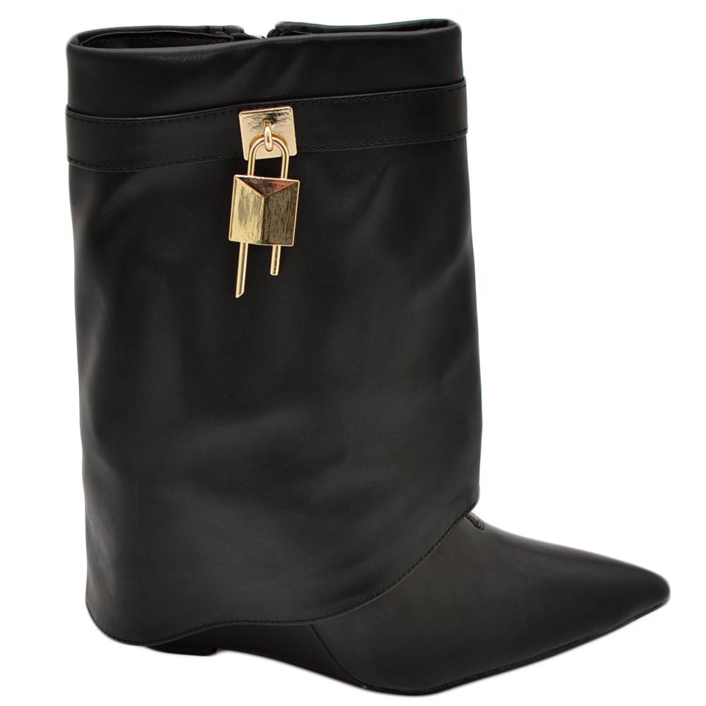 Tronchetto donna a punta zeppa interna 10 cm modello shark in ecopelle nera con lucchetto oro comodo con zip 