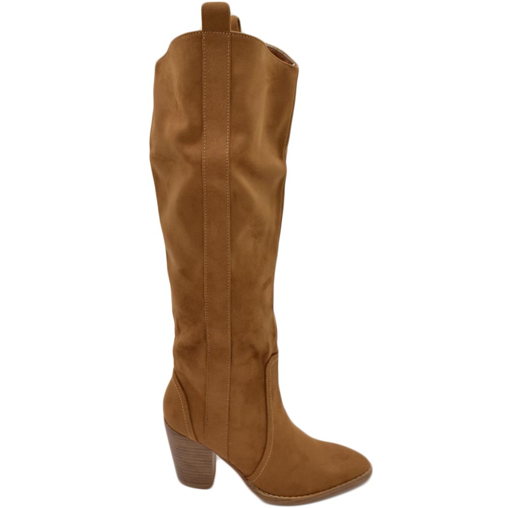 Stivali camperos donna in camoscio cuoio altezza ginocchio lisci con tacco Texano legno 7 cm western moda zip