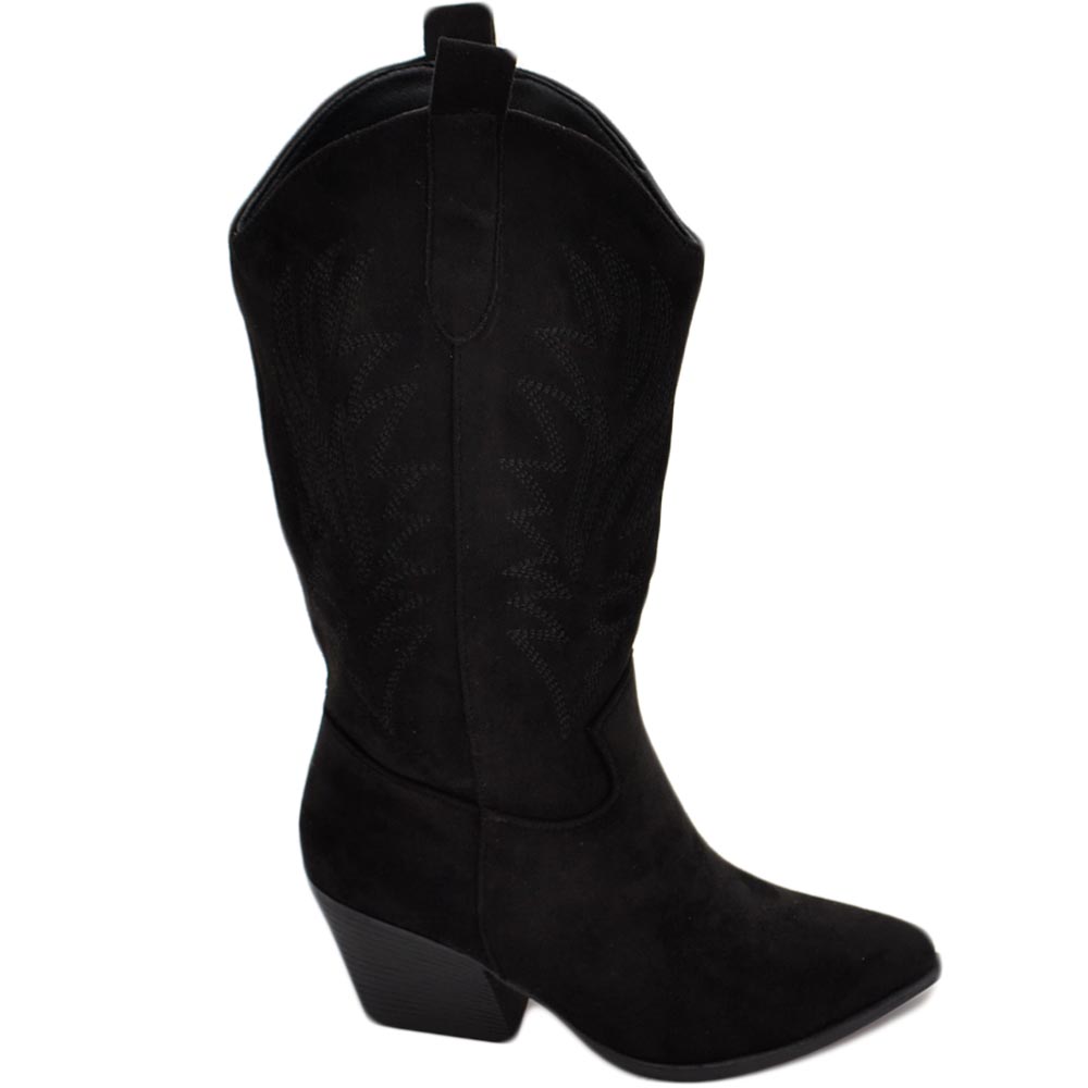 Stivali donna camperos texani stile western nero fantasia laser su pelle scamosciata tinta unita altezza polpaccio