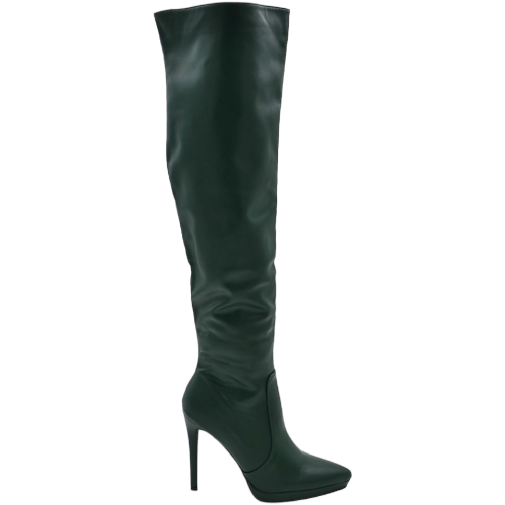 Stivali donna verde scuro sopra al ginocchio pelle a punta con plateau sottile tacco a spillo 12 cm aderente 