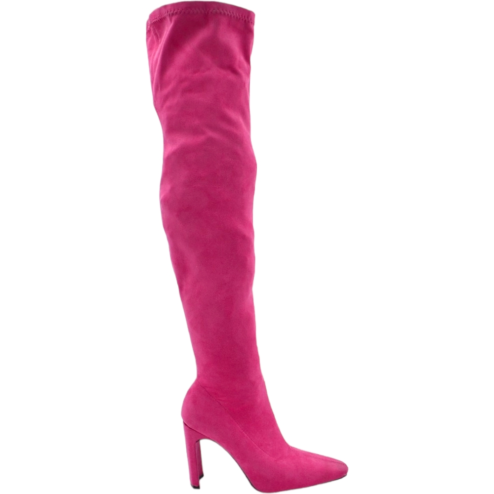 Stivale donna alto in camoscio fucsia sopra ginocchio elastico effetto calzino zip aderente tacco largo punta quadrata