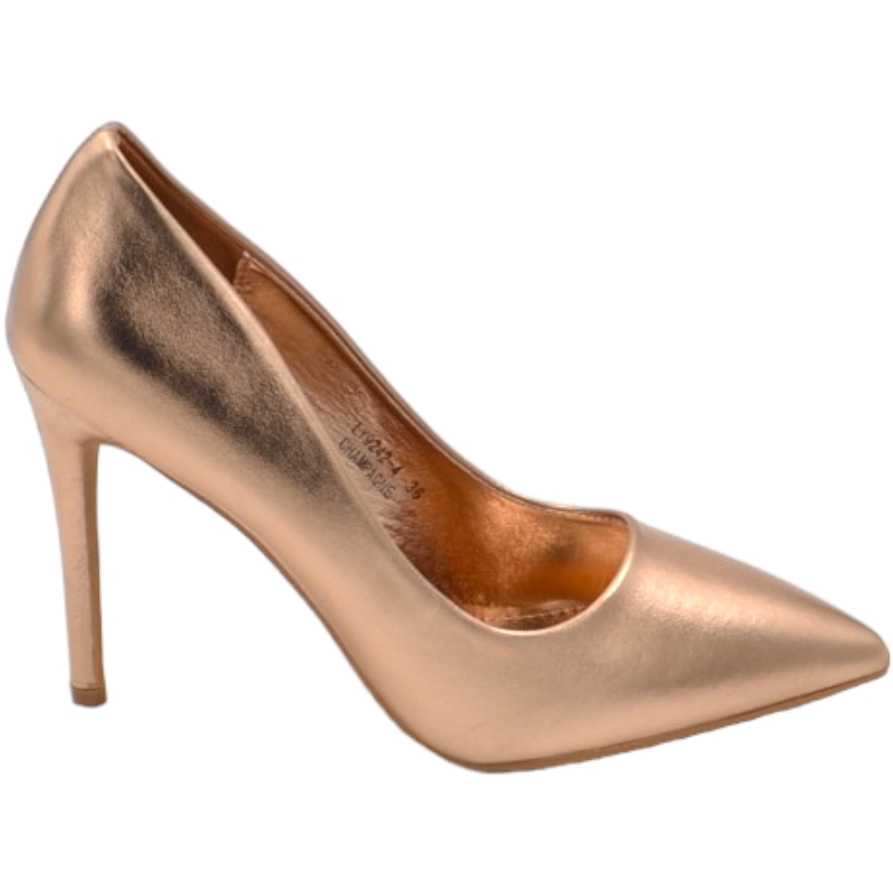 Decollete' donna a punta satinato champagne oro rosa tacco spillo 12 cm linea basic elegante scarpe per cerimonie eventi.