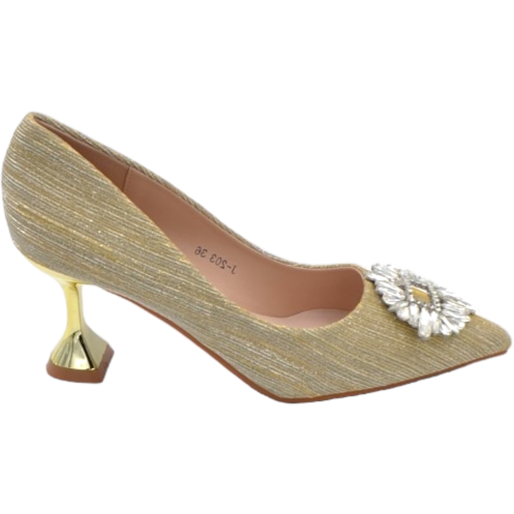 Decollete' donna a punta glitterato oro tacco martini 8 cm linea elegante con spilla gioiello comodo eventi