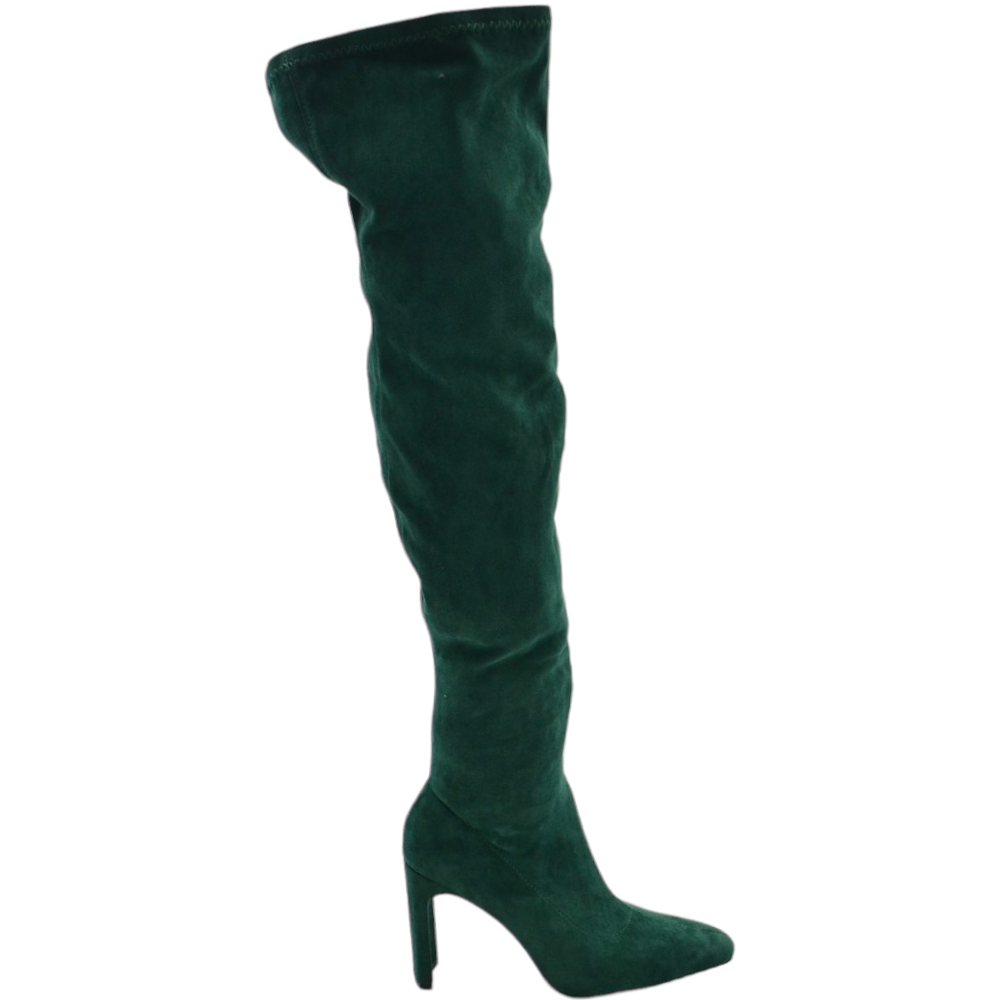 Stivale donna alto in camoscio verde sopra al ginocchio elastico effetto calzino zip aderente tacco largo punta quadrata.