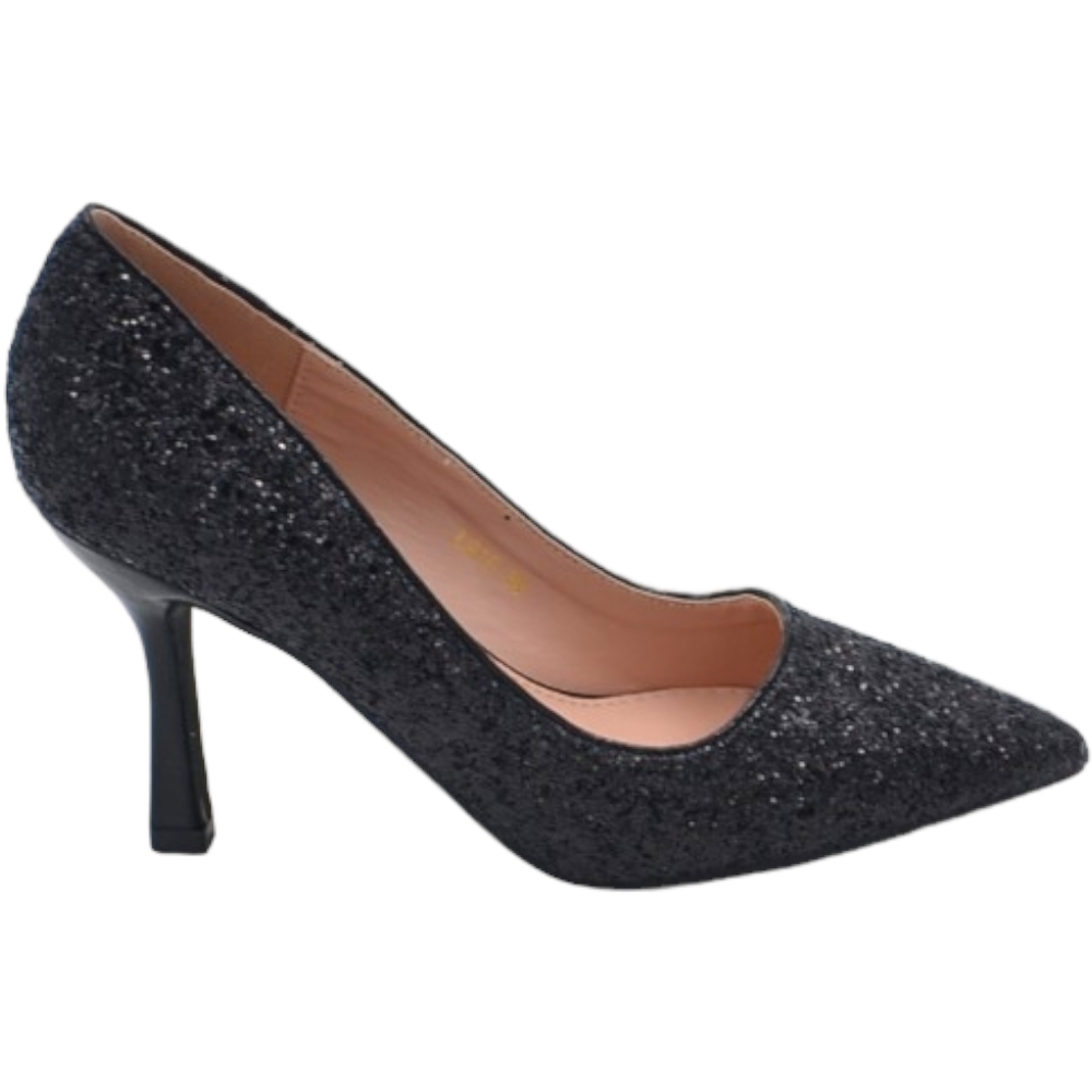Decollete' donna a punta glitterato nero tacco martini 8 cm linea comoda elegante scarpe per cerimonie eventi.