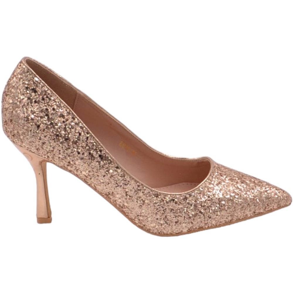 Decollete' donna a punta glitterato oro rosa champagne tacco martini 8 cm linea comoda elegante scarpe cerimonie eventi.