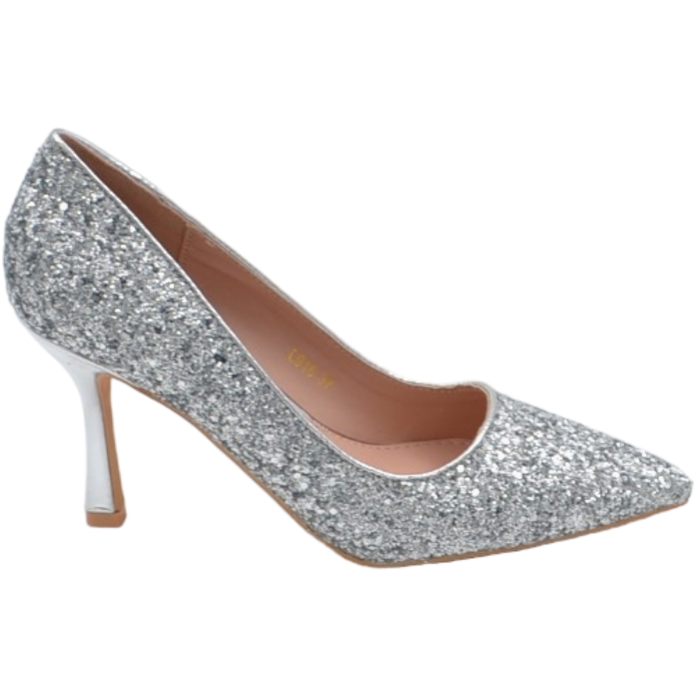 Decollete' donna a punta glitterato argento tacco martini 8 cm linea comoda elegante scarpe per cerimonie eventi.