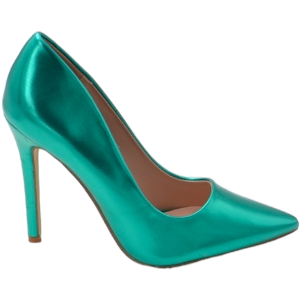 Decollete' donna a punta satinato verde smeraldo tacco a spillo 12 cm linea basic elegante  scarpe per cerimonie eventi.