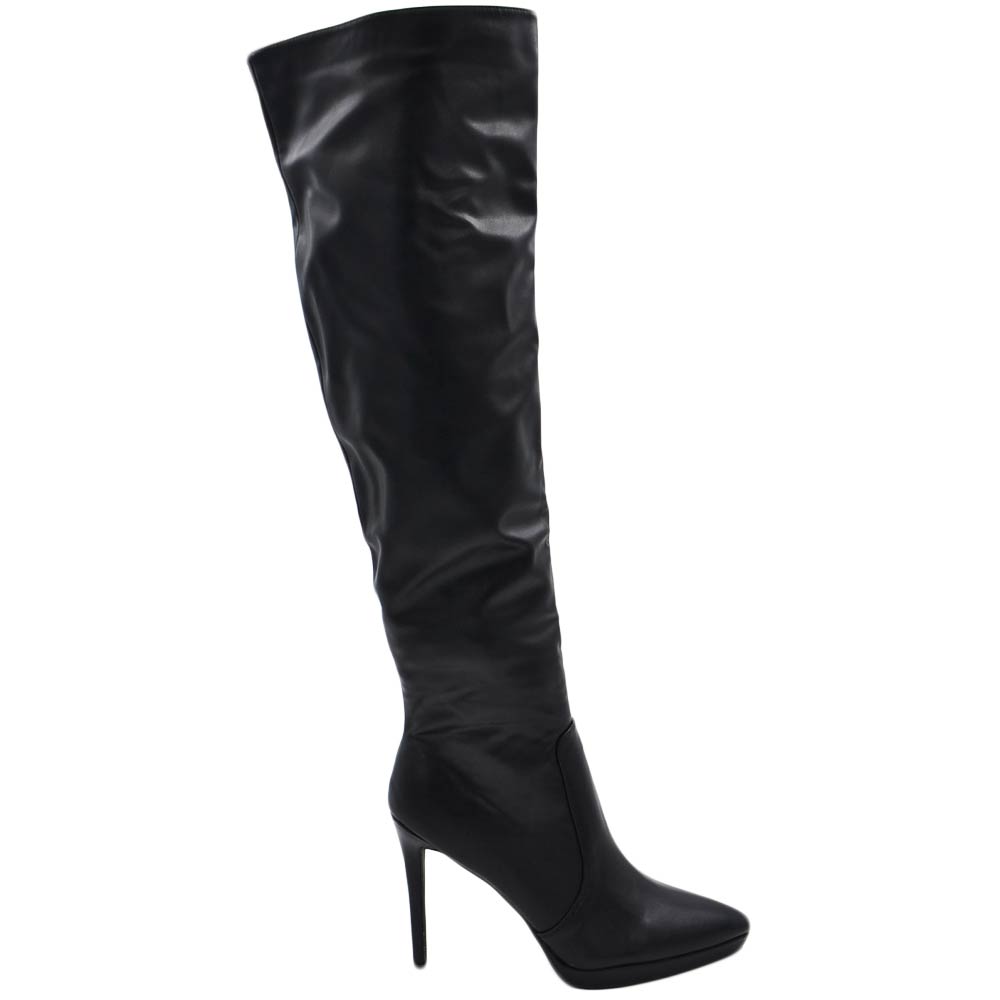 Stivali donna nero sopra al ginocchio pelle a punta con plateau sottile  tacco a spillo 12 cm aderente donna stivali Malu Shoes
