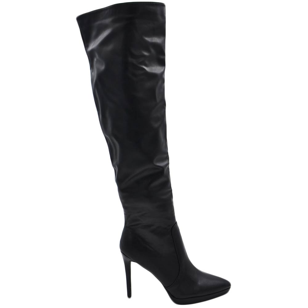 Stivali donna nero sopra al ginocchio pelle a punta con plateau sottile tacco a spillo 12 cm aderente 