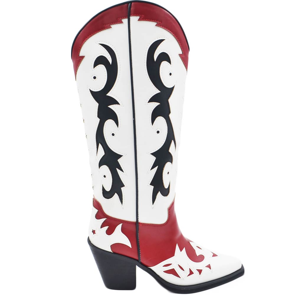 Stivali donna western vero camperos Corina tre colori bianco rosso nero con stelle altezza ginocchio tacco texano 10