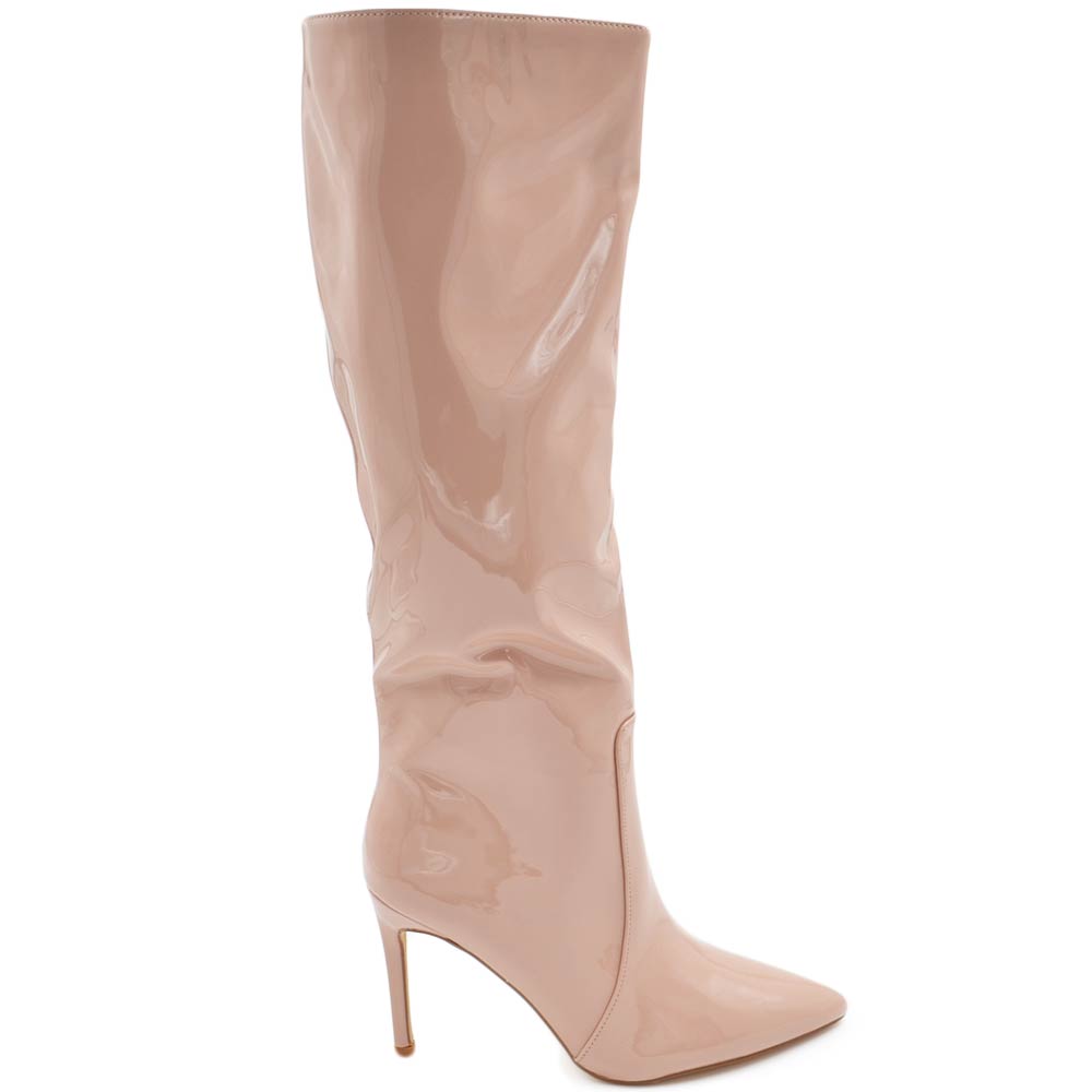 Stivali donna alti lucidi nude in vernice al ginocchio con zip e tacco a spillo 12 cm vinile .