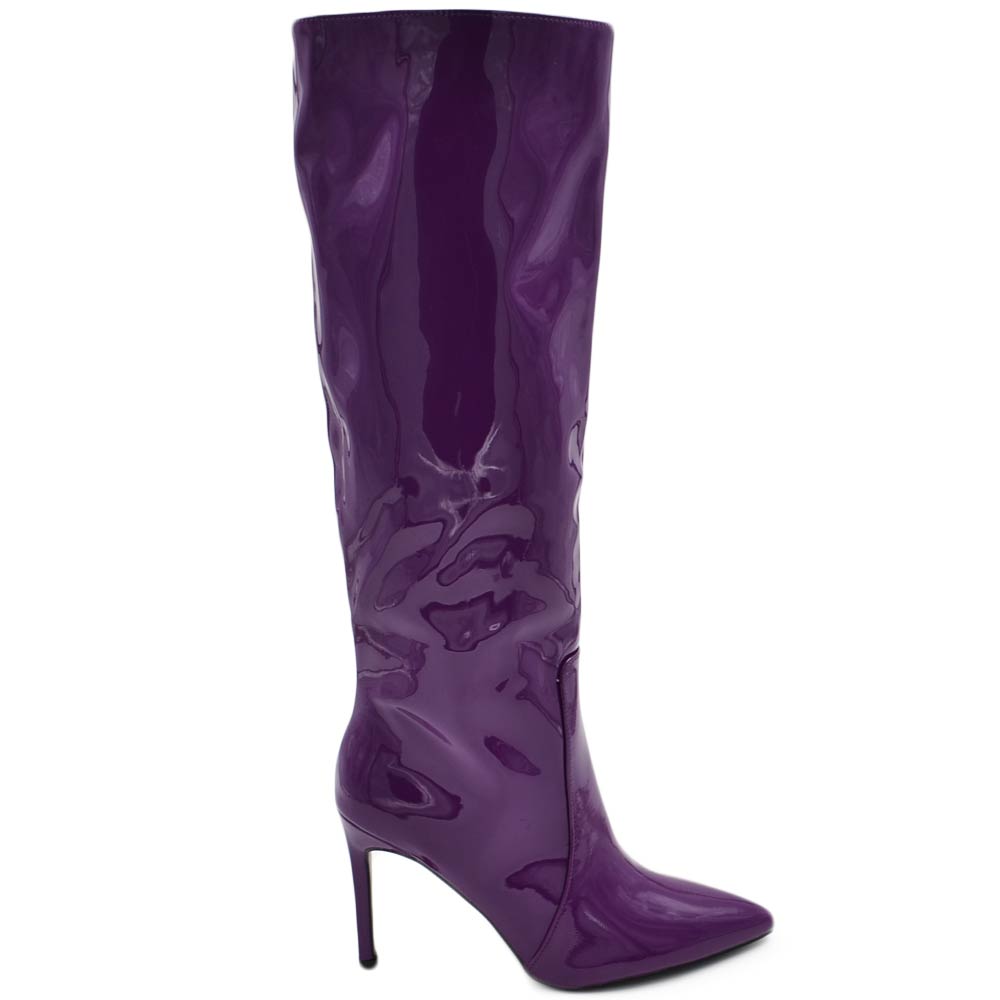 Stivali donna alti lucidi viola in vernice al ginocchio con zip e tacco a spillo 12 cm vinile .