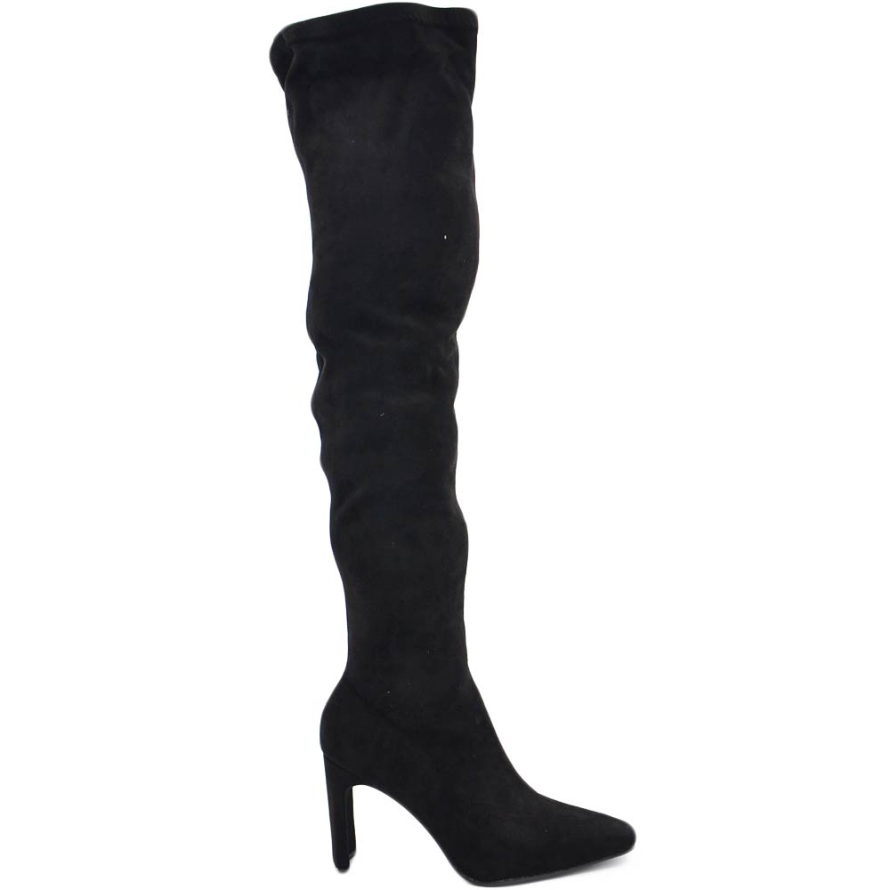 Stivali donna camoscio nero sopra al ginocchio gambale elastico con zip punta quadrata tacco basso 7 cm.