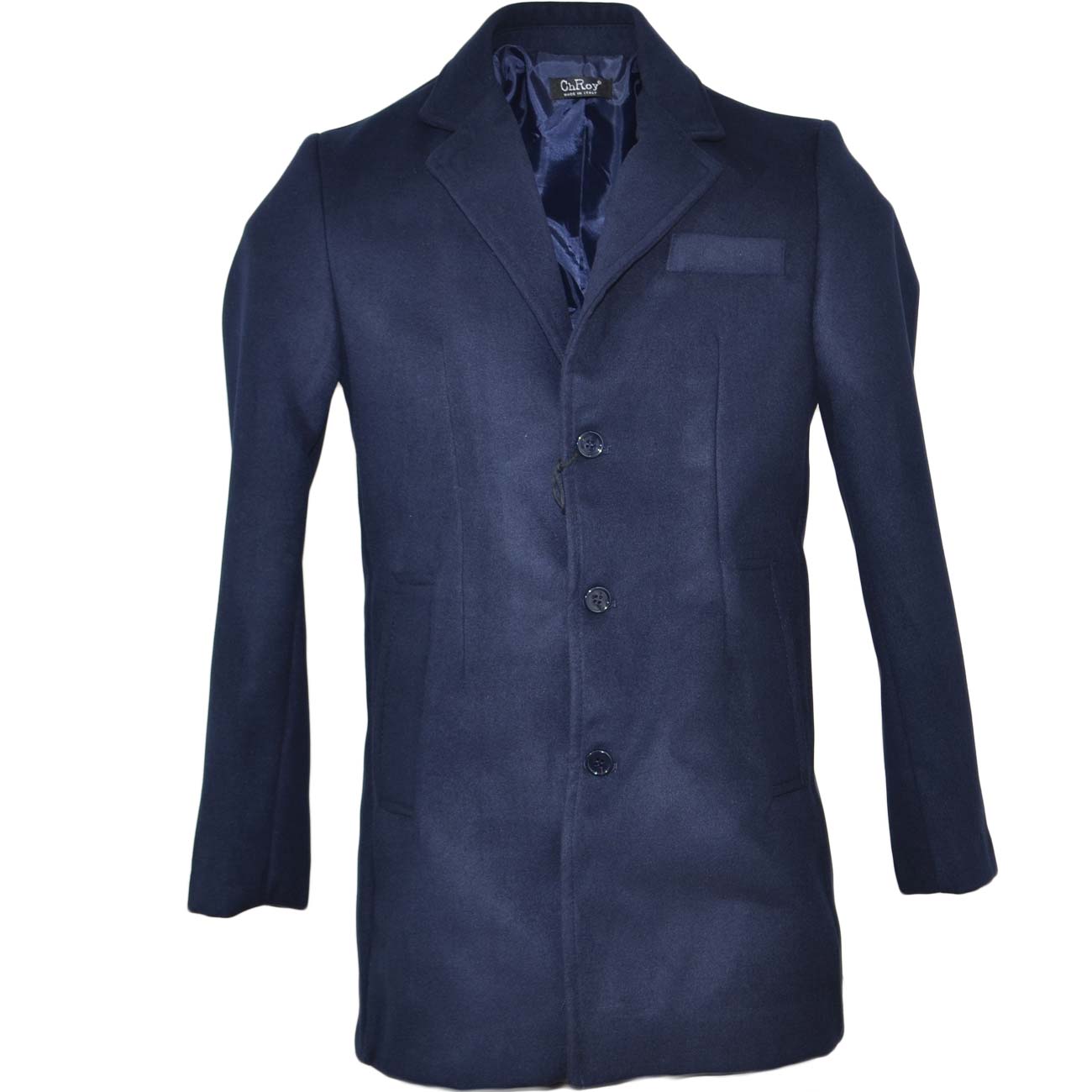 Cappotto giacca lunga uomo blu notte in calda lana sottile con  abbottonatura frontale bottoni in osso slim fit moda uomo uomo cappotti  made in italy