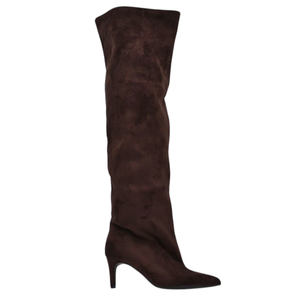 Stivali slouchy alto arricciato camoscio marrone a punta con tacco basso kitten 5 cm gambale over 