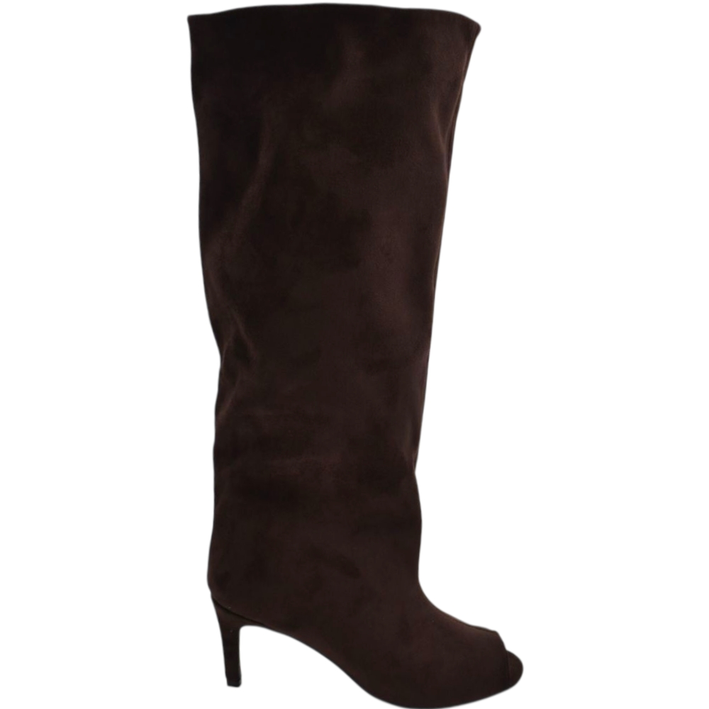 Stivali Slouchy donna Arricciato in Camoscio Marrone Spuntato open tee con Tacco Spillo 5 cm e Gambale Over.