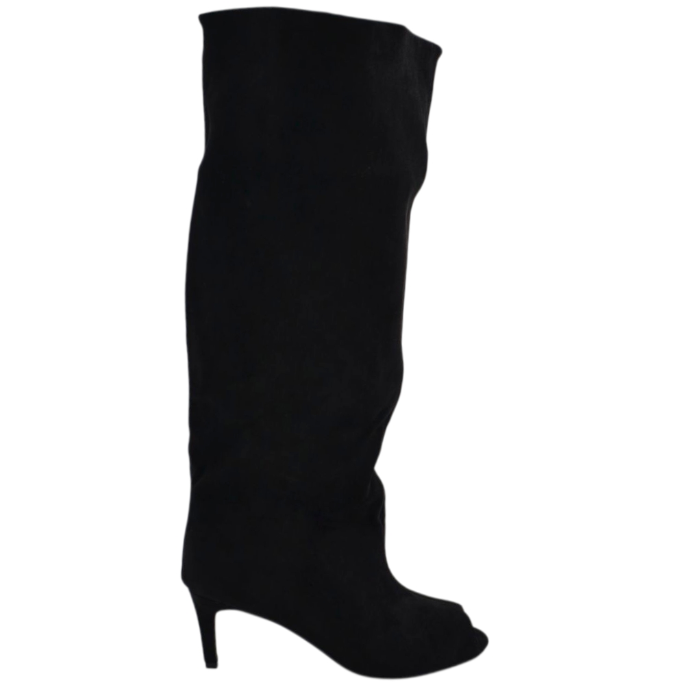 Stivali Slouchy donna Arricciato in Camoscio nero Spuntato open tee con Tacco Spillo 5 cm e Gambale Over