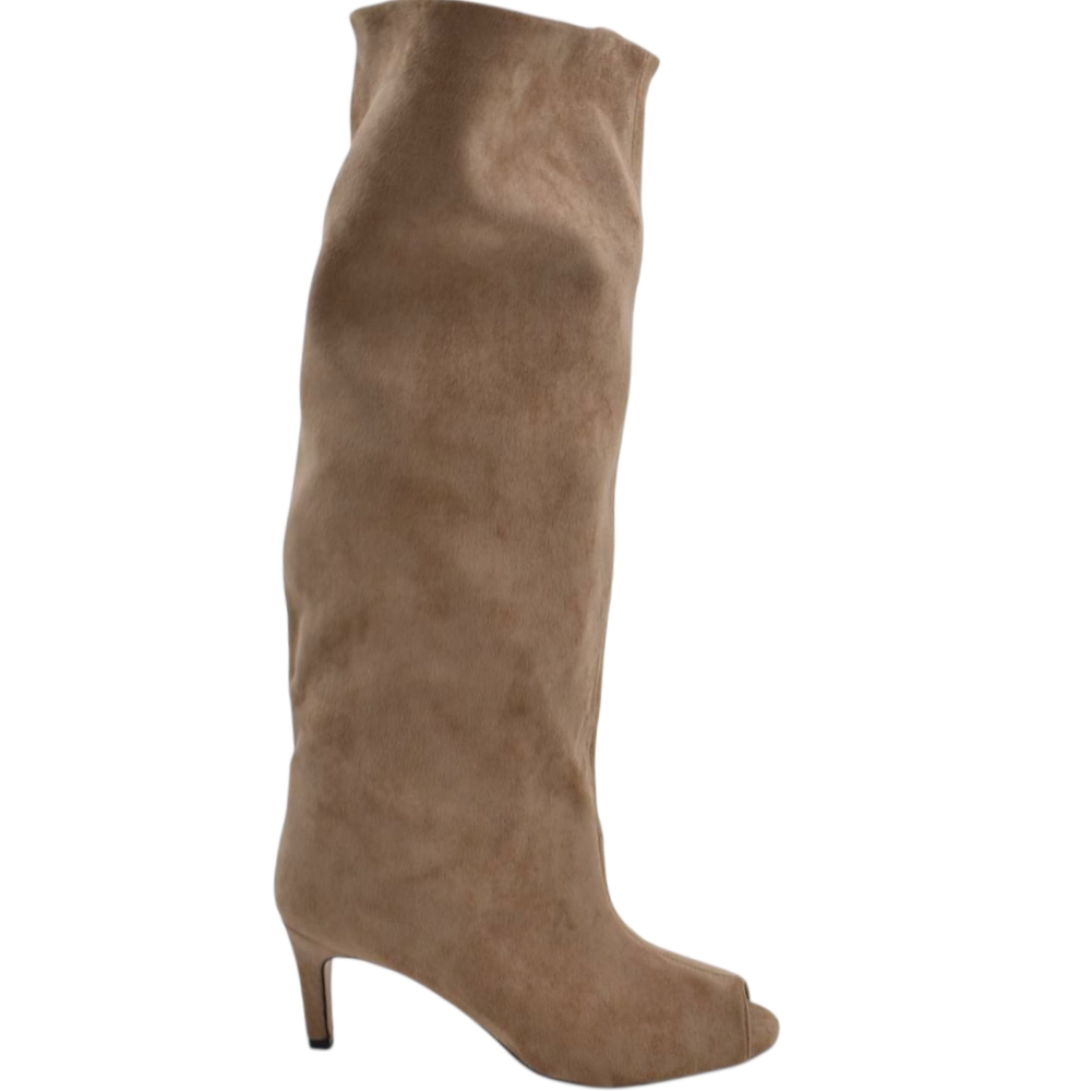 Stivali Slouchy donna Arricciato in Camoscio Beige Spuntato open tee con Tacco Spillo 5 cm e Gambale Over.