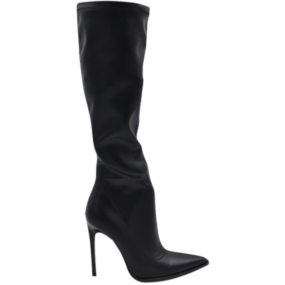 Stivali donna pelle nero a punta tacco 12 a spillo aderenti elastici effetto calza basic zip interna
