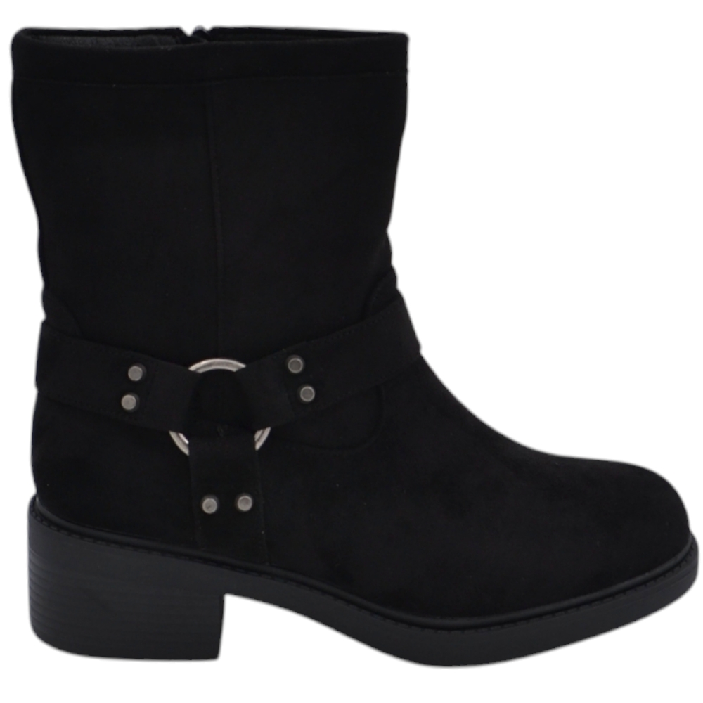 Stivaletto biker donna con fondo roccia alto in camoscio nero fibbia cowboy argento zip laterale pelliccia interna.