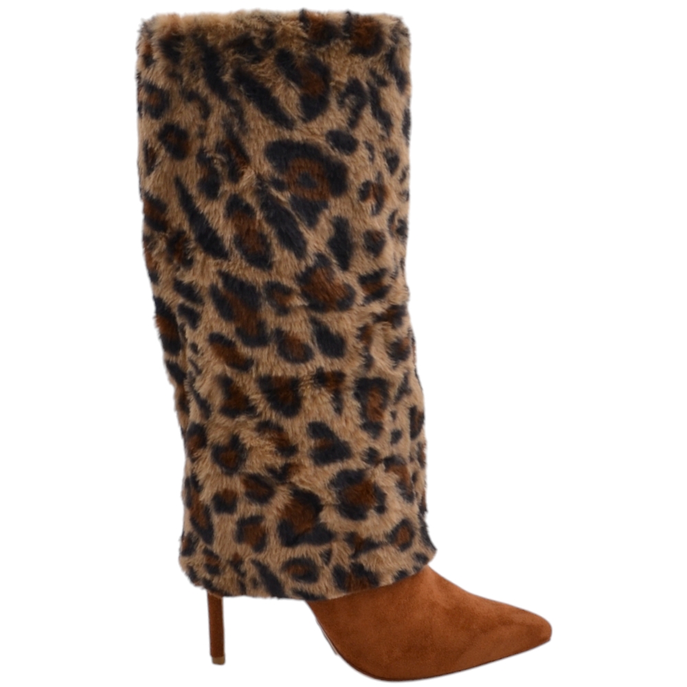 Stivali donna alti maculati a punta con risvoltone pelliccia base cuoio tacco spillo 10 cm shark