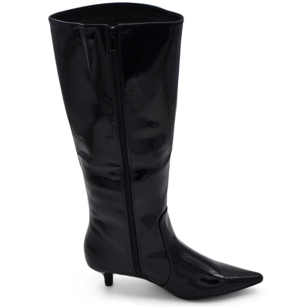 Stivali alti donna al ginocchio in vernice nera a punta tacco a spillo 4 cm zip lunga aderente moda linea Basic