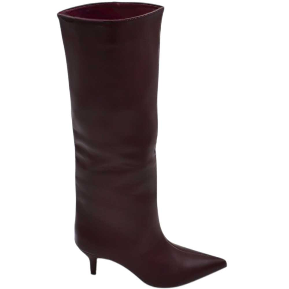 Stivali alti donna al ginocchio in pelle bordeaux a punta tacco a spillo 4 cm zip lunga aderente moda linea Basic.