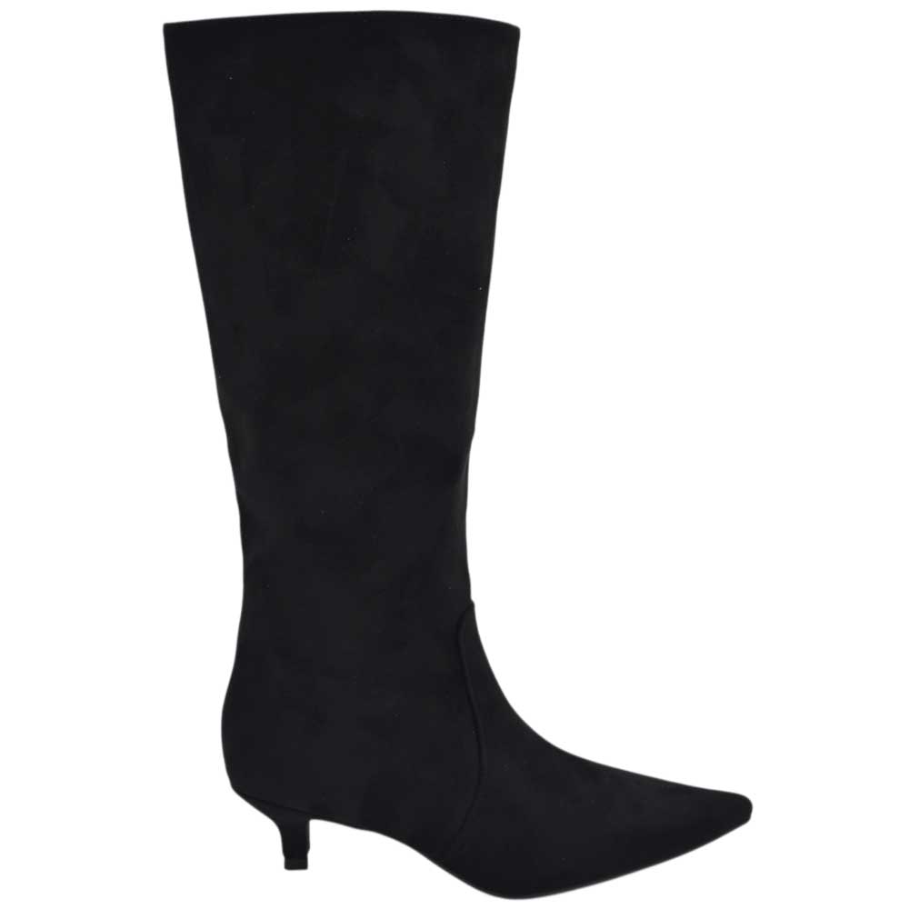 Stivali alti donna al ginocchio in camoscio nero a punta tacco sottile 3 cm zip lunga aderente moda linea Basic.