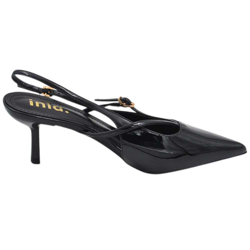 Decollete donna a punta tacco kitten 5 cm in pelle lucida nera slinkback con cinturini a V.
