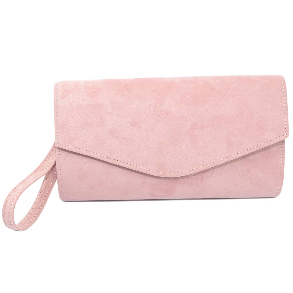 Pochette donna a forma di lettera in camoscio rosa con catena e bracciolo linea basic made in italy.