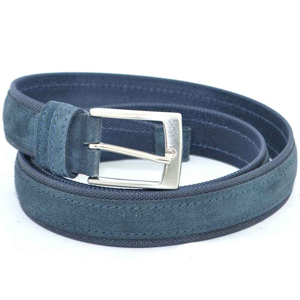 Cintura uomo blu in pelle scamosciata e tela regolabile fibbia in acciaio nickel free made in italy business man