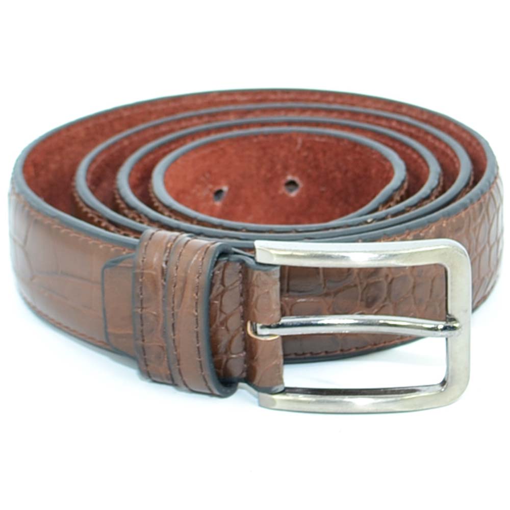 Cintura Uomo In Pelle Squamata Cocco H2,5cm Tinta Unita Marrone con Fibbia in Metallo Cintura Regolabile Made In Italy