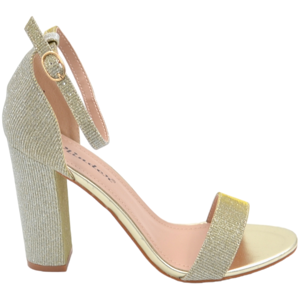 Sandalo alto donna oro tessuto satinato tacco doppio 8 cm cinturino alla caviglia linea basic cerimonia evento elegante