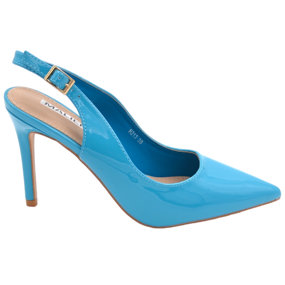 Scarpe decollete slingback donna elegante a punta in vernice lucida celeste tacco 10cm cinturino tallone regolabile