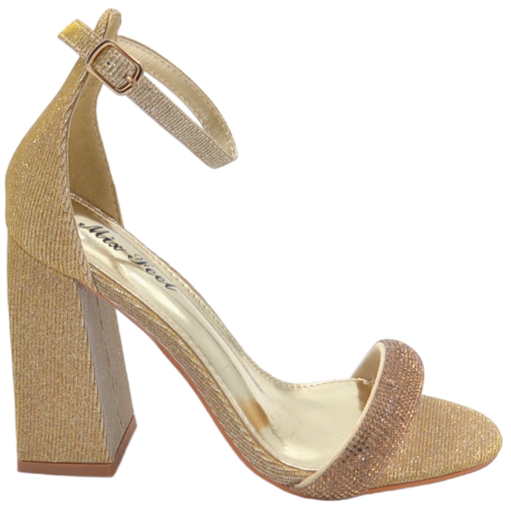 Sandalo alto donna oro tessuto satinato tacco doppio 9 cm cinturino con strass e chiusura alla caviglia linea basic 