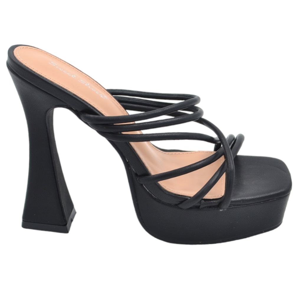 Sandalo tacco donna platform in pelle nero con plateau alto 3,5 cm e tacco clessidra 15 cm fascette incrocio avampiede