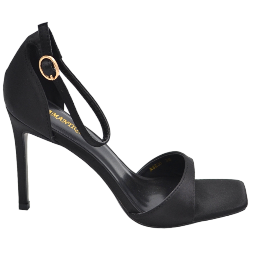 SANDALO TACCO IN RASO NERO A PUNTA QUADRATA TACCO SOTTILE 12 CM CHIUSURA ALLA CAVIGLIA MODA CERIMONIA