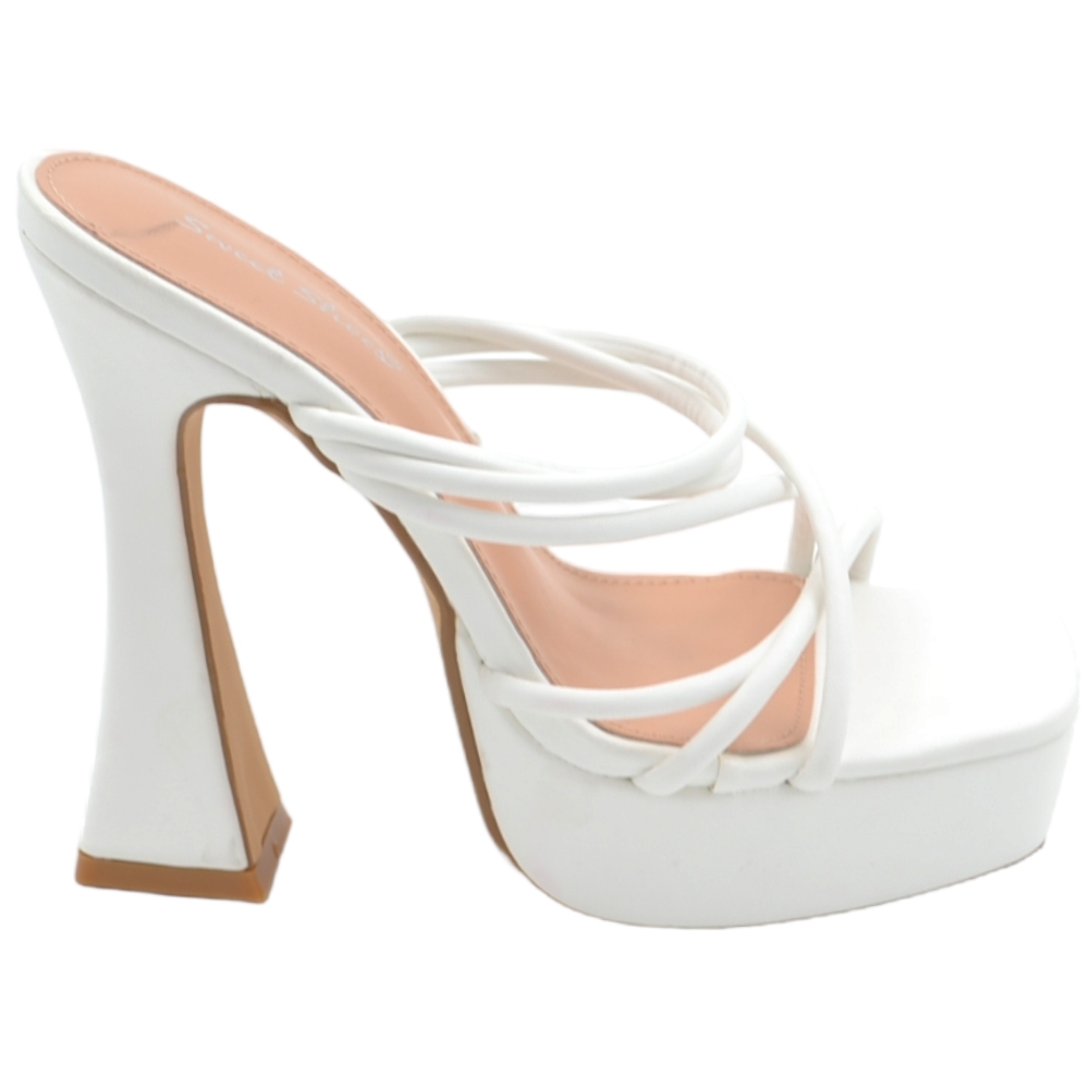 Sandalo tacco donna platform in pelle bianco con plateau alto 3,5 cm e tacco clessidra 15 cm fascette incrocio avampiede.