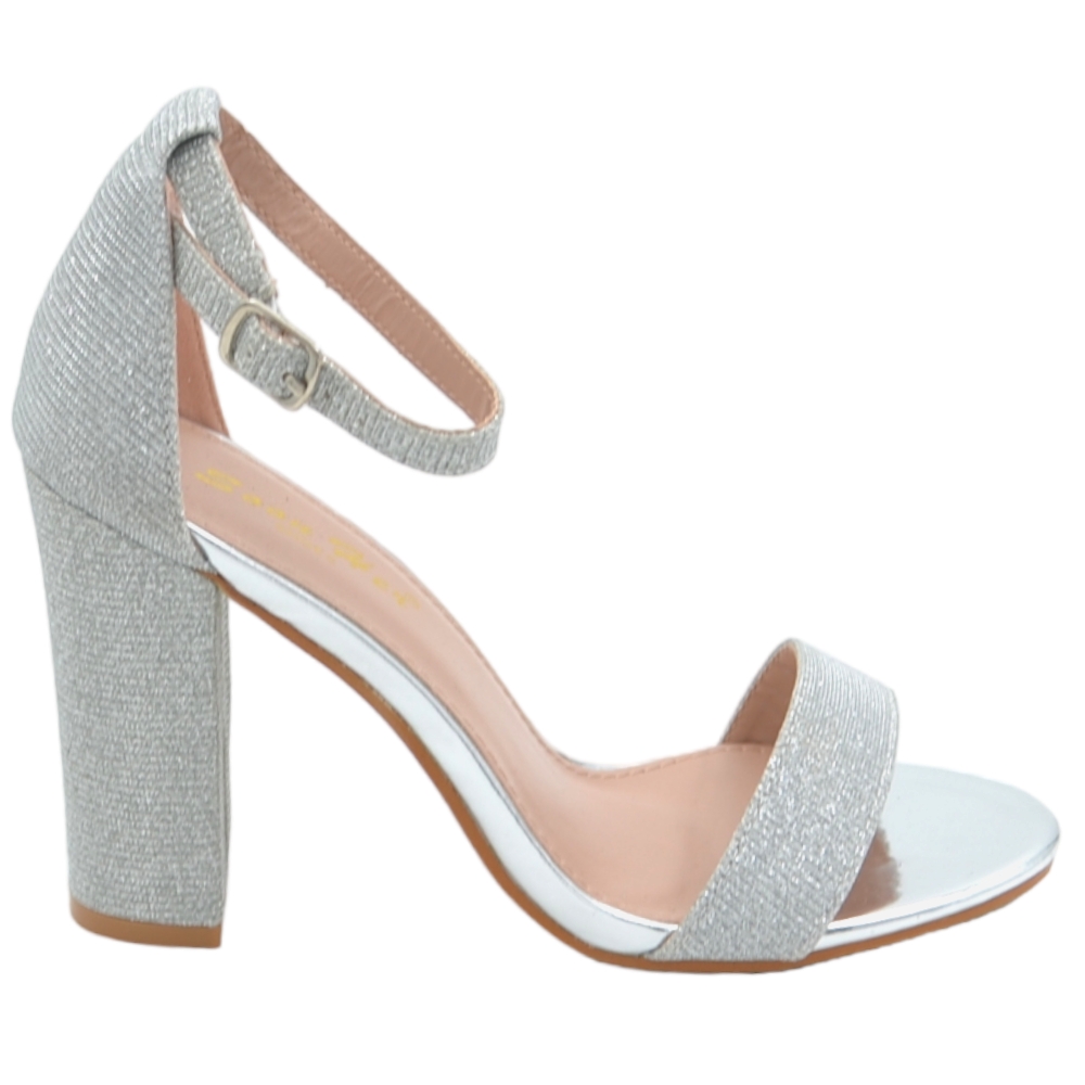 Sandalo alto donna argento tessuto satinato tacco doppio 8 cm cinturino alla caviglia linea basic cerimonia elegante