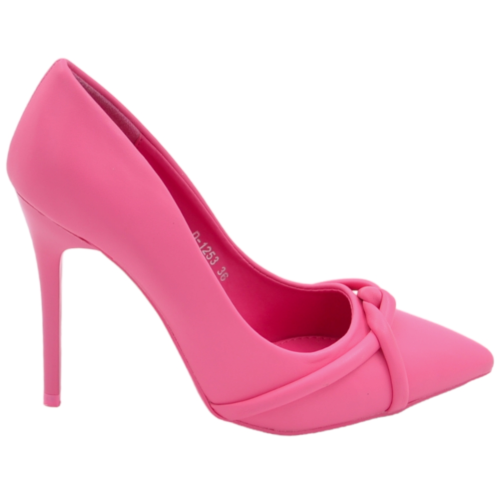 Decollete scarpa donna a punta in pelle fucsia con nodo in rilievo tacco sottile 12 cm elegante evento cerimonia 