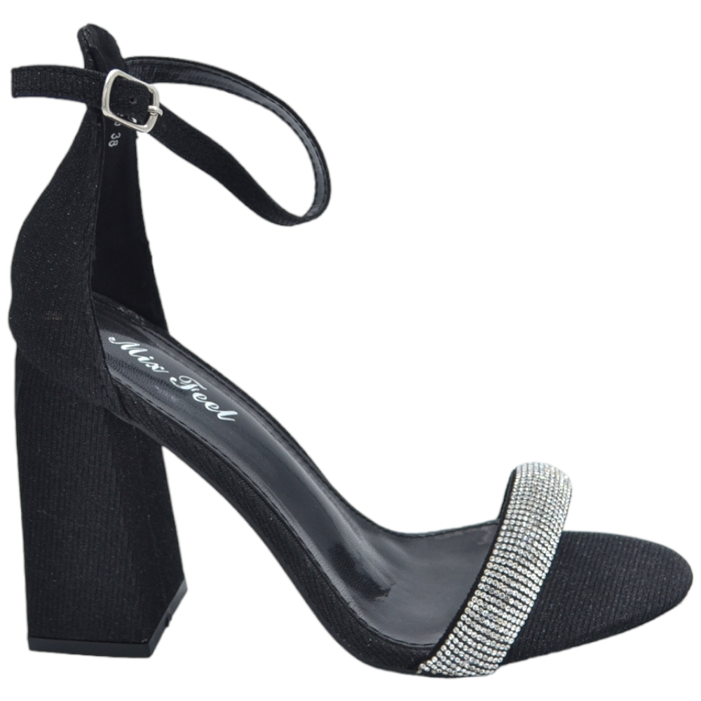 Sandalo alto donna nero tessuto satinato tacco doppio 9 cm cinturino con strass e chiusura alla caviglia linea basic 