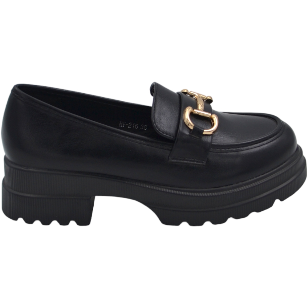  Mocassino donna collage inglese con bendina in pelle nero opaco suola in gomma alta 3 cm antiscivolo morsetto oro