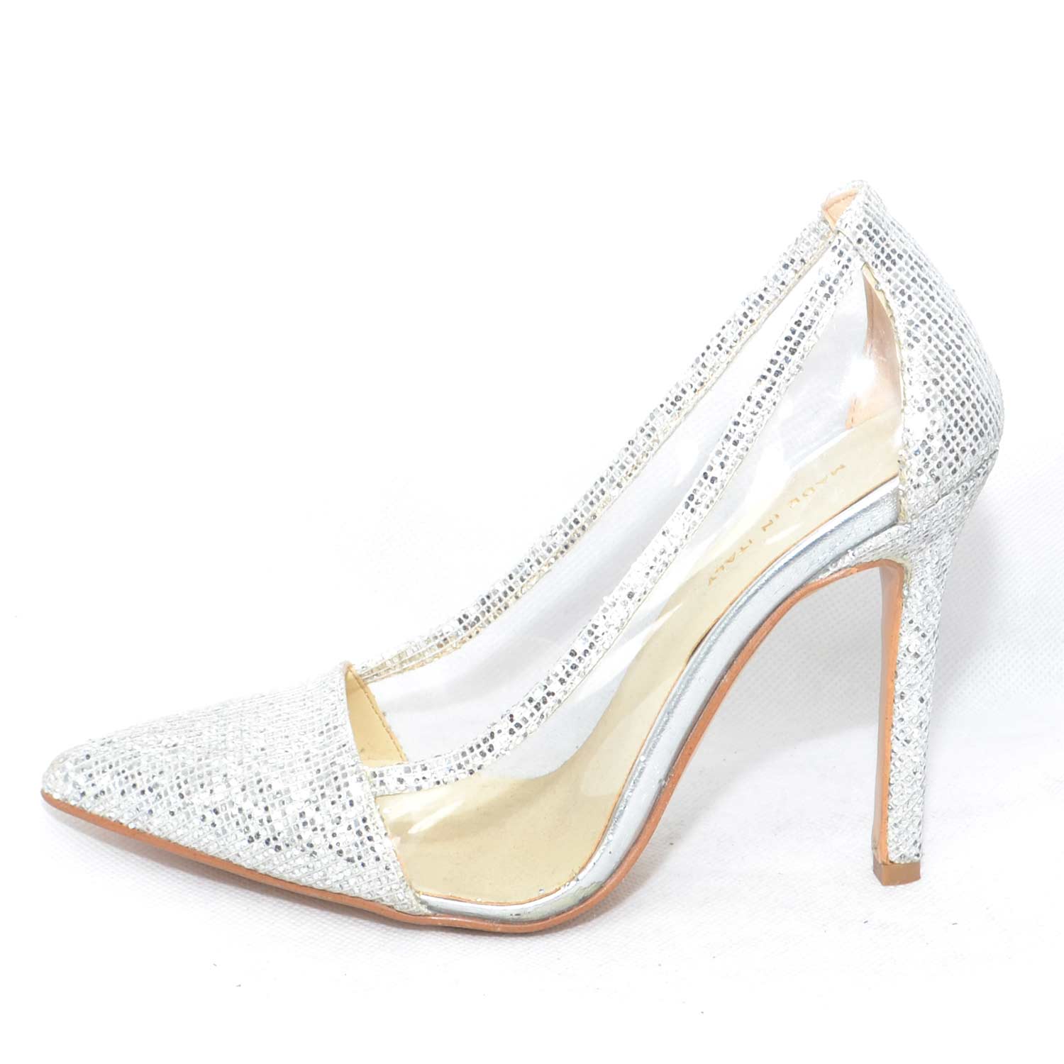 scarpe donna eleganti in glitter argento con trasparenza glamour laterale handmade in Italy vera pelle