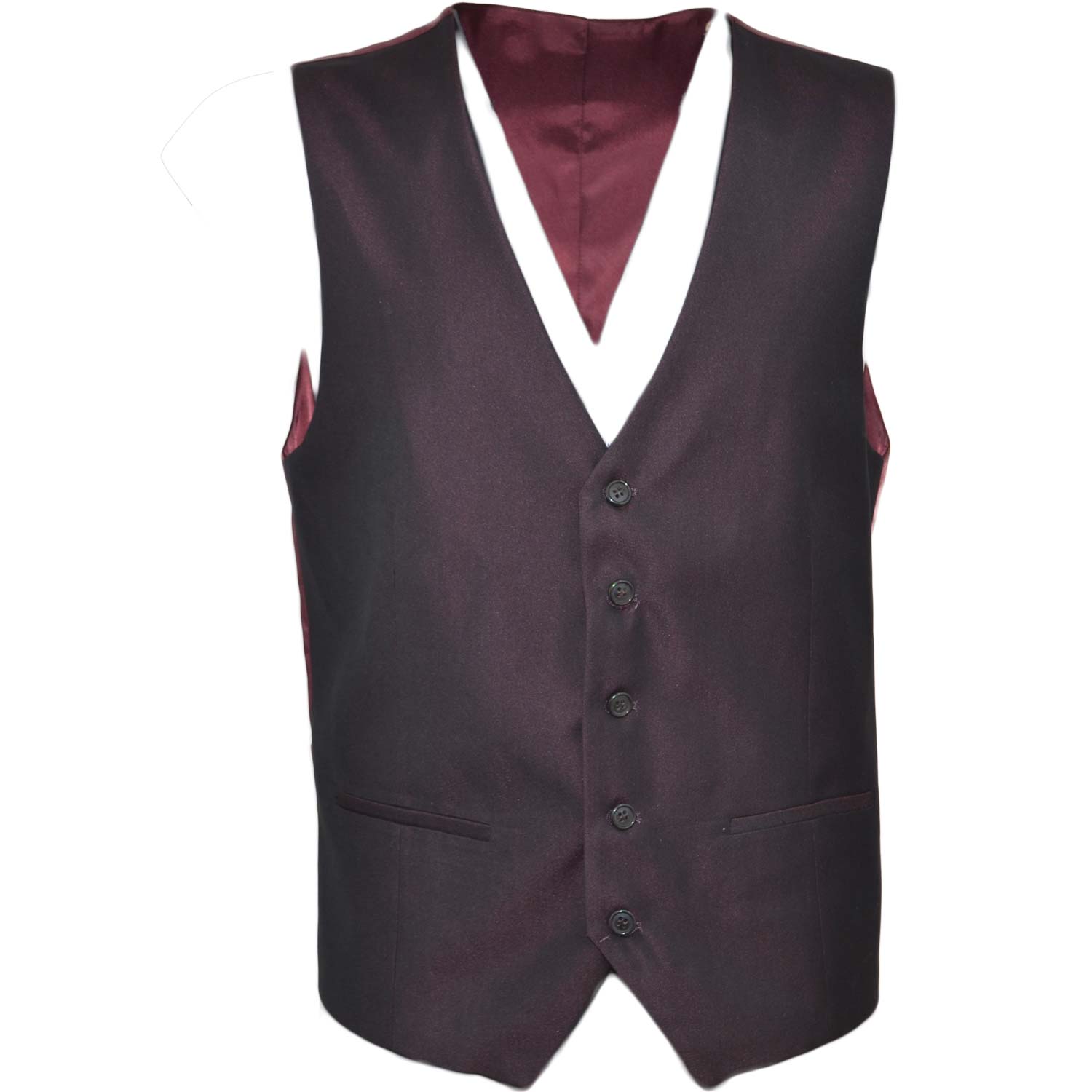 Gilet Uomo in raso bordeaux Senza Maniche Scollo a V Doppio petto Slim Fit Elegante Matrimonio Panciotto