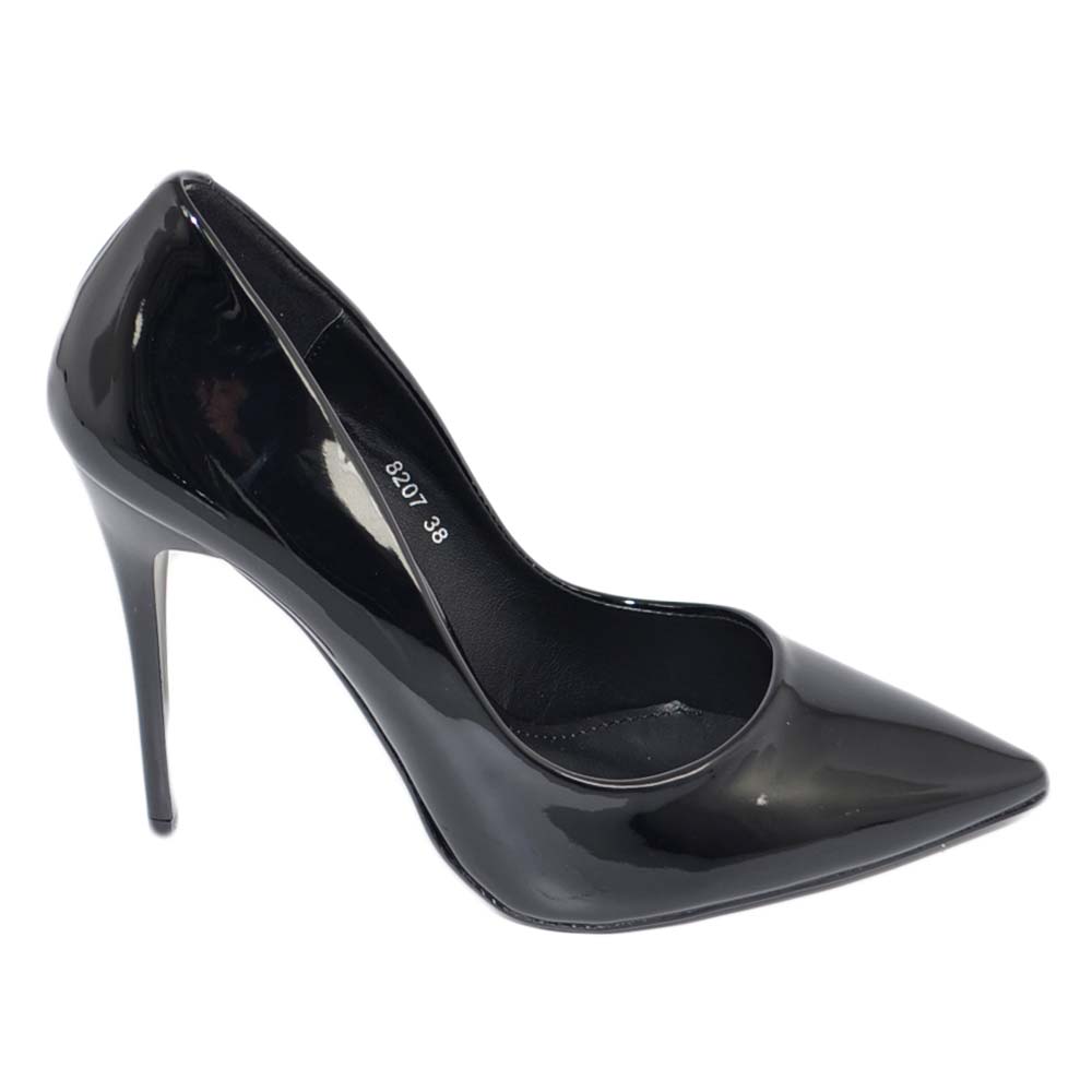 Scarpe donna decollete' in vernice nero lucido linea basic tacco a spillo 12 elegante glamour