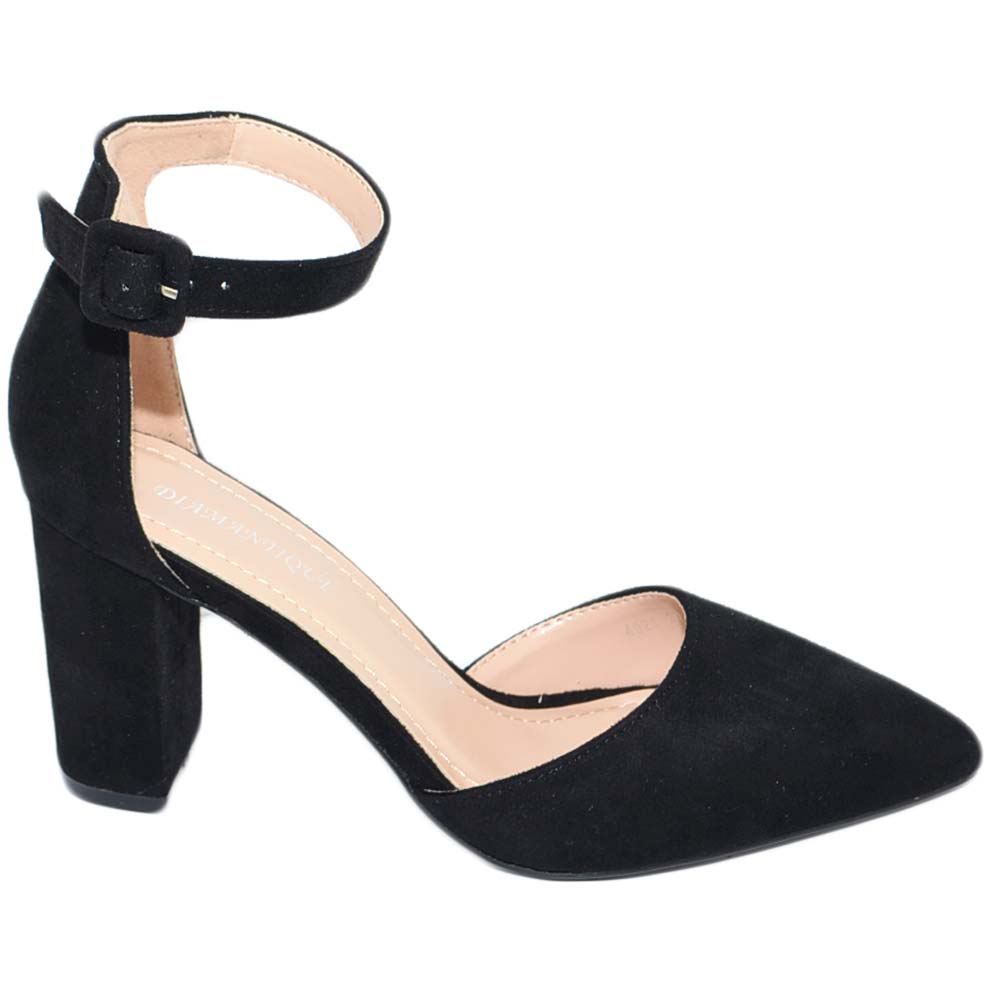 Decollete' donna scamosciato nero a punta tacco largo comodo 7 cm e cinturino alla caviglia linea basic glamour