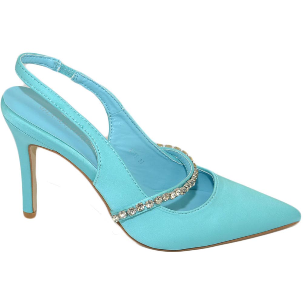 Scarpe decollete mules donna elegante punta in raso tiffany tacco 10 cerimonia open toe dettaglio strass